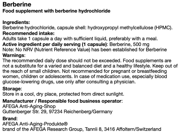 AFEGA Berberine label with information on dosage and recommendations