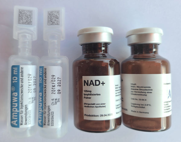 Solución de 2 ml en un vial ámbar de 5 ml con 200 mg de NAD (β-nicotinamida adenina dinucleótido, forma oxidada; CAS 53-84-9): ¡devolución excluida!