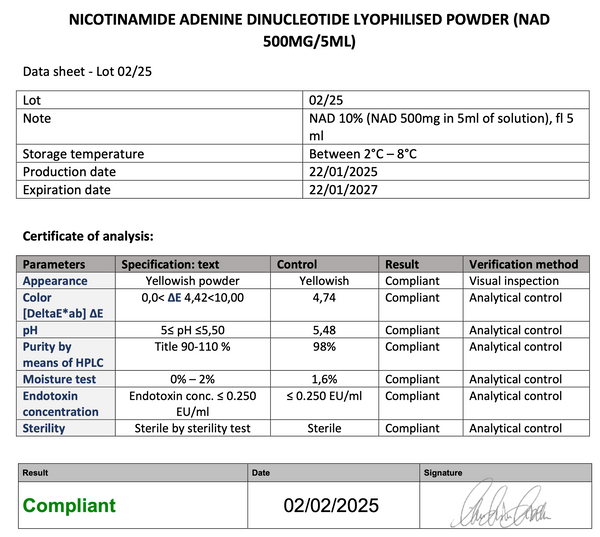 500 mg NAD (β-nicotinamide adenine dinucleotide, oxidized form; CAS 53-84-9) - 1 injection of liquid drops in 10 ml - ampoule - Returns excluded! - EU product (EU-compliant production)