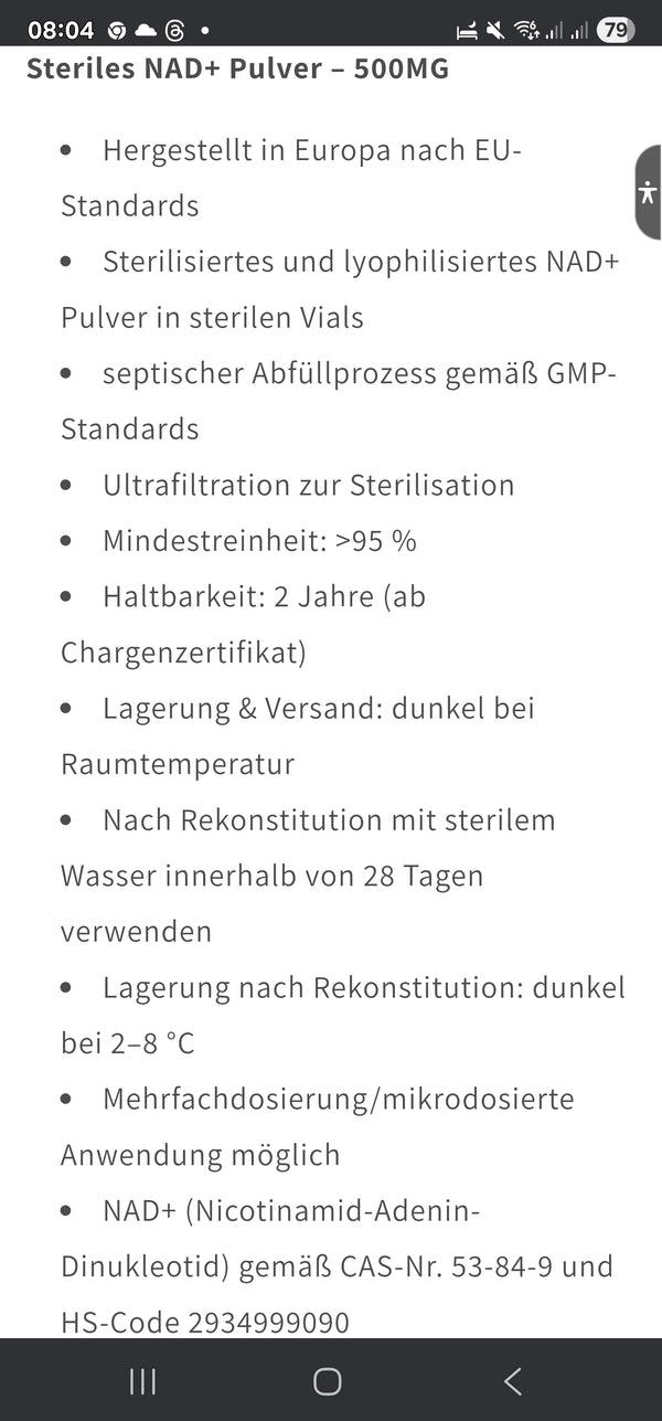500 mg NAD (β-nicotinamide adenine dinucleotide, oxidized form; CAS 53-84-9) - 1 injection of liquid drops in 10 ml - ampoule - Returns excluded! - EU product (EU-compliant production)