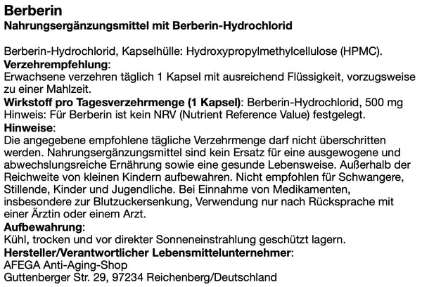 AFEGA Etikett zu liposomalen Berberin Kapseln mit Angabe zu Dosierung und Einnahme