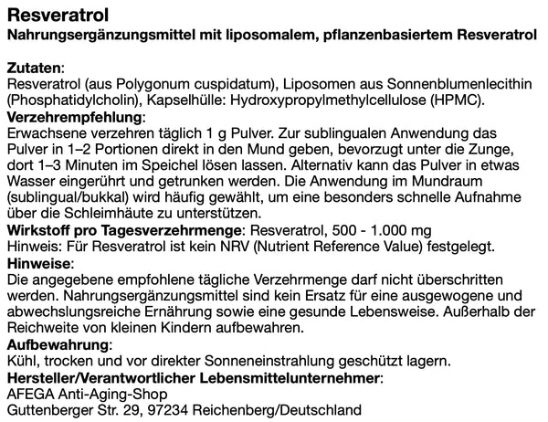 AFEGA Etikett zu liposomalem Resveratrol mit Angabe zu Zutaten, Dosierung und Einnahme