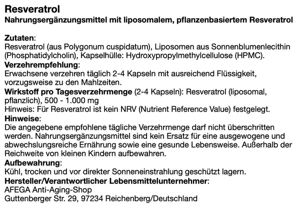 AFEGA Etikett mit Angaben zu Zutaten, Dosierung und Einnahme von liposomalen Resveratrol-Kapseln