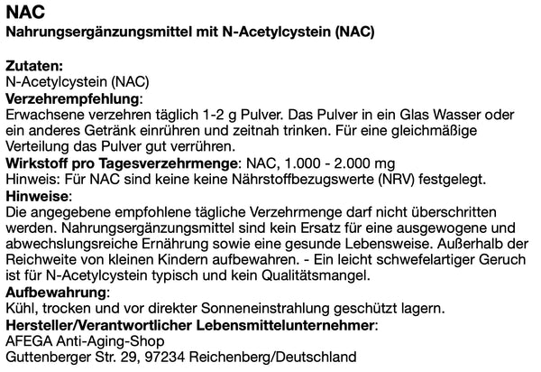 AFEGA NAC Etikett mit Empfehlungen zu Dosierung und Einnahme