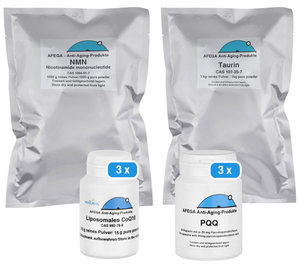 AFEGA Bundle mit NMN-und Taurin-Pulver in 1-kg-Beuteln sowie liposomalem Q10-Pulver (15 g) und PQQ-Kapseln (90 g) in Dosen