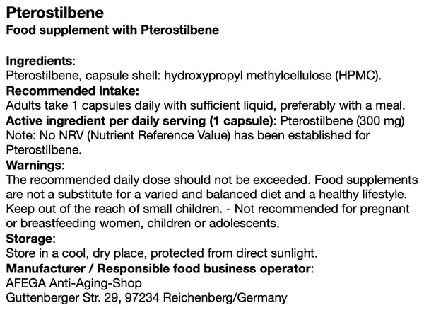 AFEGA Pterostilbene label with dosage and intake recommendations