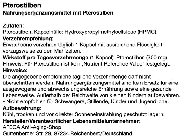 AFEGA Pterostilbene Etikett mit Angaben zu Dosierung und Einnahme