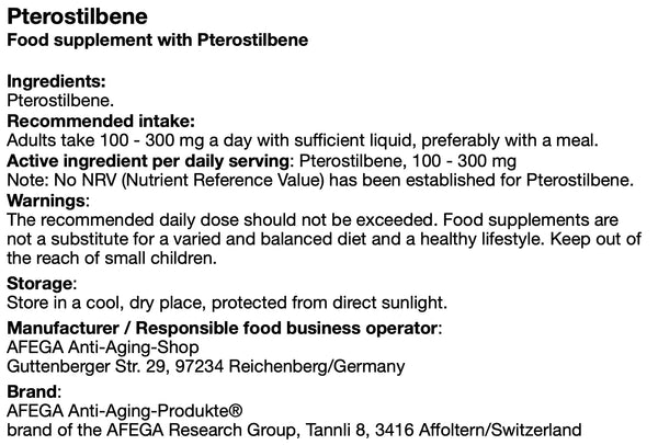 AFEGA Pterostilbene label with dosage and intake recommendations
