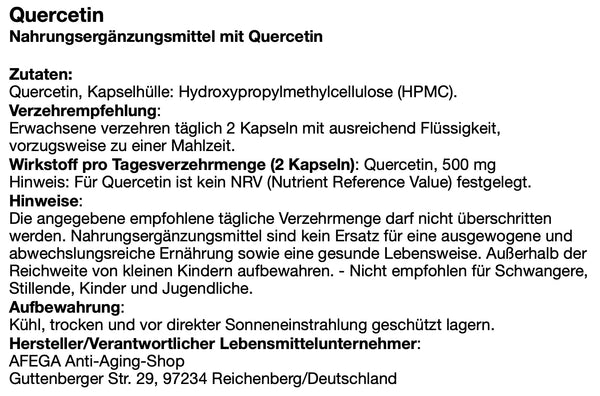 AFEGA Quercetin Etikett mit Angaben zu Dosierung und Einnahme der Kapseln