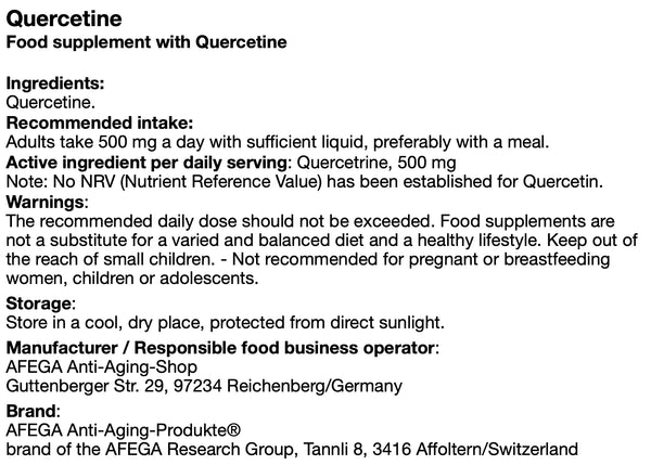 AFEGA Quercetine label with dosage and intake recommendations