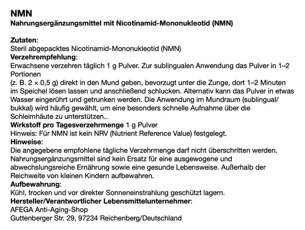 AFEGA Etikett zu sterilem NMN, mit Angaben zu Dosierung und Einnahme