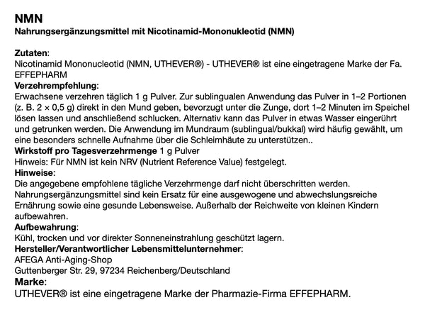 AFEGA Uthever NMN Etikett mit Angaben zu Dosierung und Einnahme des Pulvers