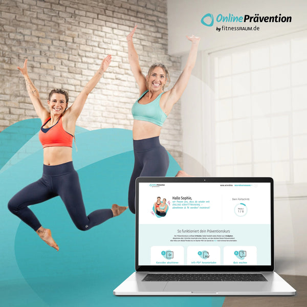 Zwei Frauen in Sportkleidung springen in die Luft, vor ihnen ein Rechner mit dem Online-Fitness-Programm