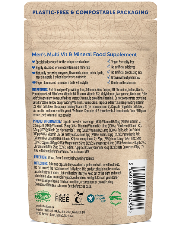 Rückseite der Together Health Men's Multi Verpackung mit Inhaltsstoffen und Nährwertangaben