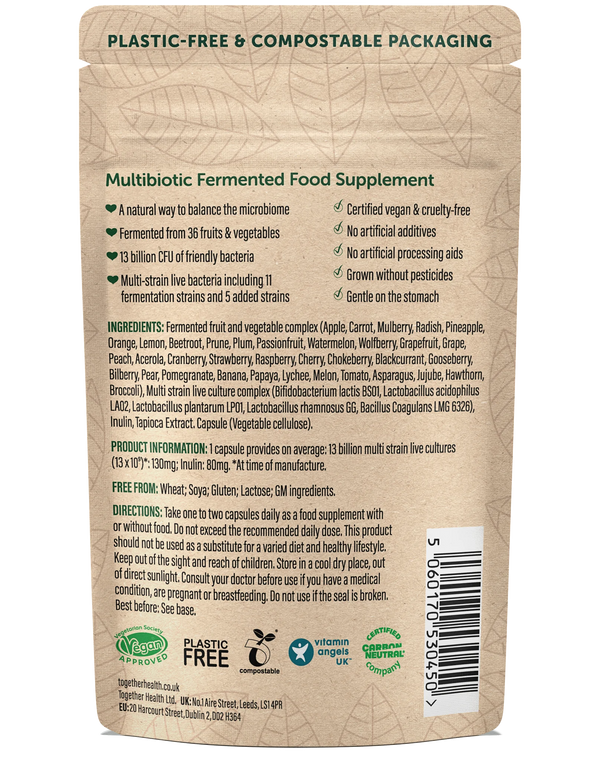 Rückseite der Together Health Multibiotic Verpackung mit Inhaltsstoffen und Nährwertangaben