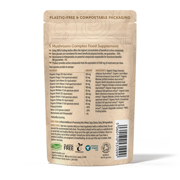 Rückseite der Together Health Mushroom Verpackung mit Inhaltsstoffen und Nährwertangaben