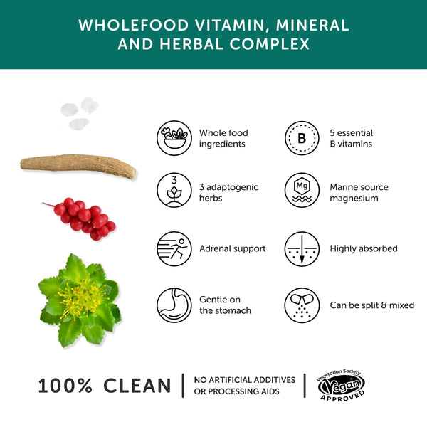Infografik zu Herstellung, Ursprung und Anwendung der Kapseln mit vollwertigen Vitaminen, Mineralien und einem Kräuterkomplex
