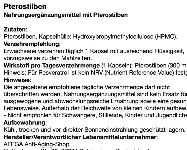 50 g Pterostilben-Pulver (das 'Blaubeer-Molekül'); 167 Kapseln zu je 300 mg