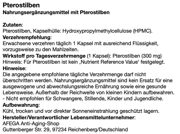 50 g Pterostilben-Pulver (das 'Blaubeer-Molekül'); 167 Kapseln zu je 300 mg