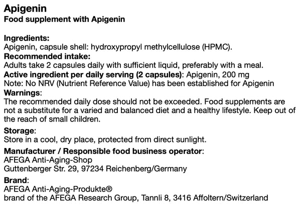 AFEGA Apigenin label with information on dosage and recommendations