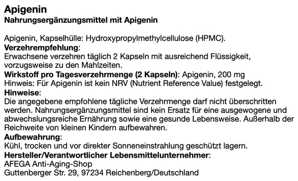 AFEGA Etikett zu Apigenin, mit Angaben zu Zutaten, Dosierung und Einnahme