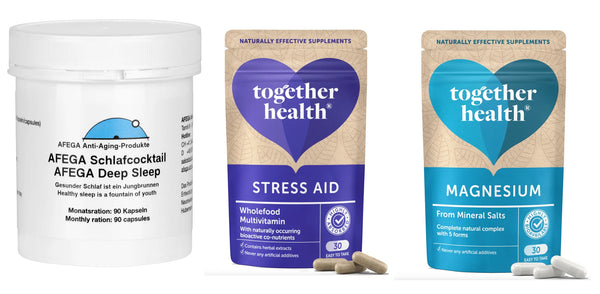 AFEGA Bundle mit Schlafcocktail-Kapseln (90 Stück) in weisser Dose sowie je einer Tüte Stress Aid und Magnesium von Together Health (je 30 Tabletten)