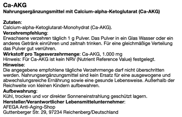 AFEGA Etikett Calcium alpha Ketoglurate mit Angaben zu Zutaten, Wirkung und Einnahme