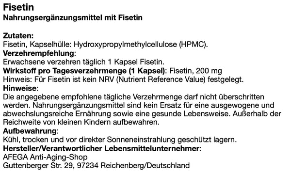 AFEGA Fisetin Kapseln Etikett mit Angaben zu Dosierung und Einnahme