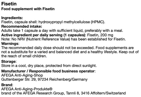 AFEGA Fisetin label with information on dosage and recommendations