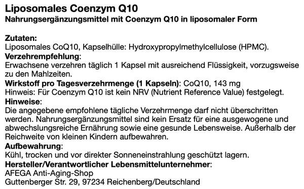 AFEGA Etikett zu liposomalen Q10-Kapseln mit Angabe zu Dosierung und Einnahme