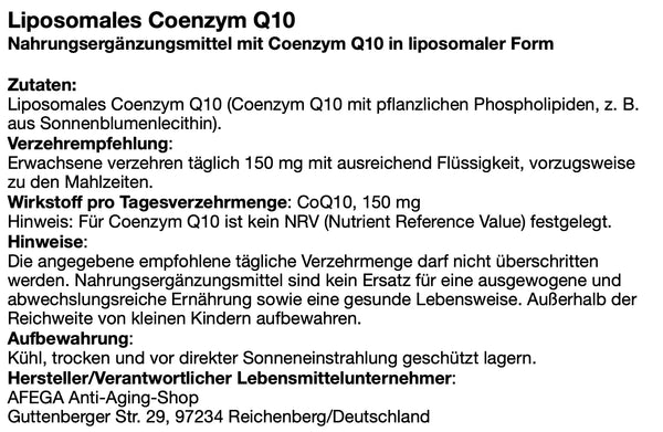 AFEGA Etikett liposomales Q10 mit Angaben zu Zutaten, Dosierung und Einnahme