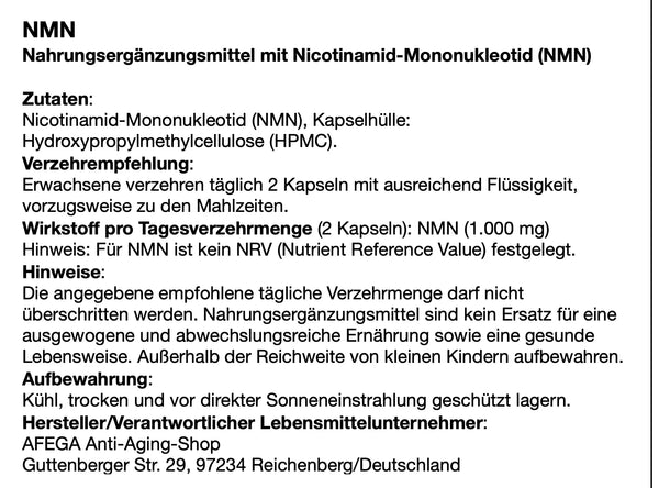 AFEGA NMN Etikett mit Angaben zu Dosierung und Einnahme der Kapseln
