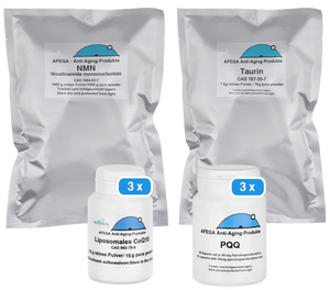 AFEGA Bundle mit NMN-und Taurin-Pulver in 1-kg-Beuteln sowie liposomalem Q10-Pulver (15 g) und PQQ-Kapseln (90 g) in Dosen
