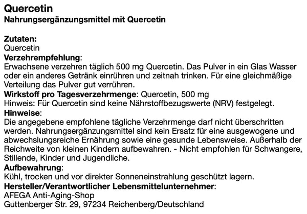 AFEGA Quercetin Etikett mit Angaben zu Dosierung und Einnahme