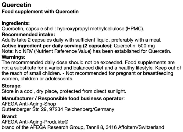 AFEGA Quercetin label with information on dosage and recommendations