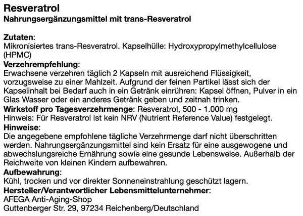 AFEGA Etikett zu Resveratrol mikronisiert in Kapseln, mit Angaben zu Dosierung und Einnahme