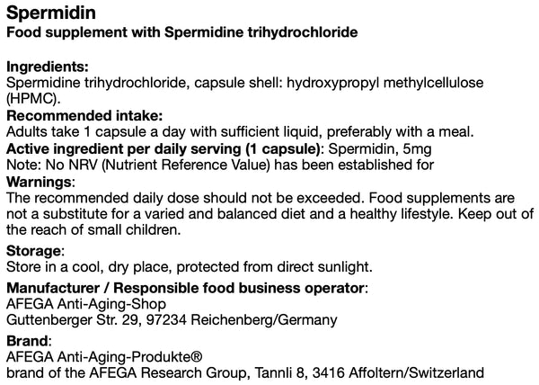 AFEGA Spermidine label with dosage and intake recommendations