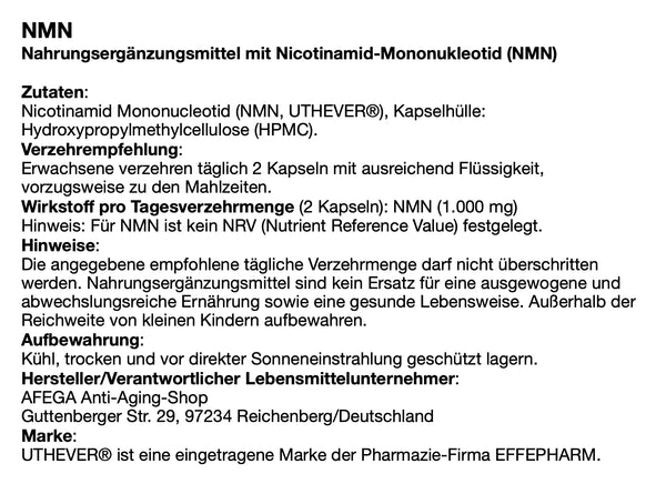 AFEGA Uthever NMN Etikett mit Angaben zu Dosierung und Einnahme der Kapseln