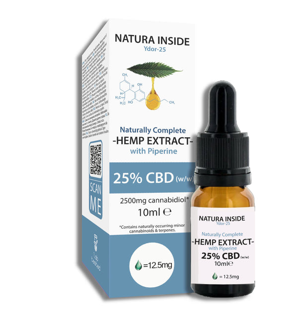 Natura Inside CBD Öl (25%), 10ml in brauner Pipettenflasche und bedruckter Verpackung