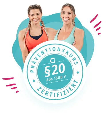 Zwei Frauen in Sportkleidung sind hinter dem Logo von einem Präventionskurs zu sehen
