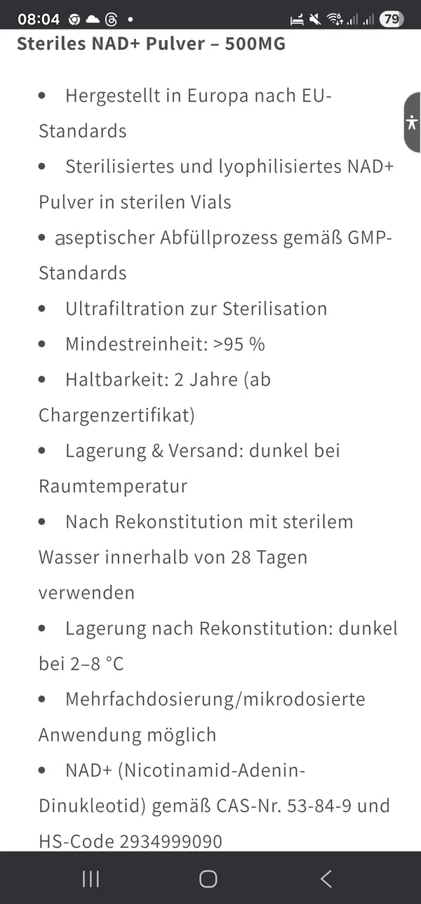 Hinweis zu Inhalt, Lagerung und Haltbarkeit von sterilem NAD+Pulver