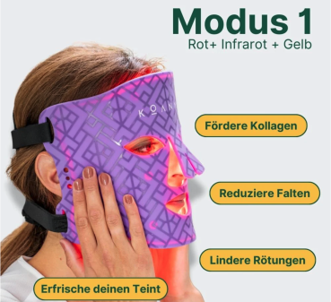 Übersicht mit einer Frau, die eine Maske auf ihrem Gesicht trägt, daneben stehen Vorteile der Maske