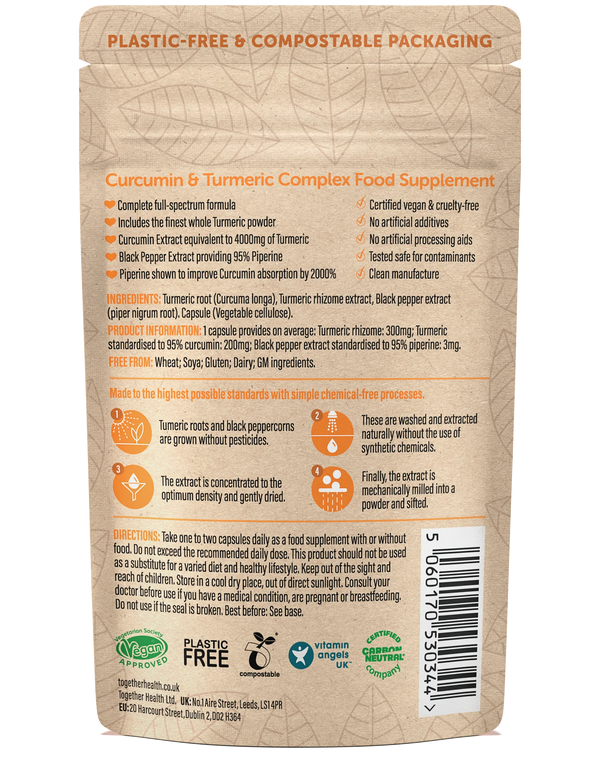 Rückseite der Together Health Curcumin Verpackung mit Inhaltsstoffen und Nährwertangaben
