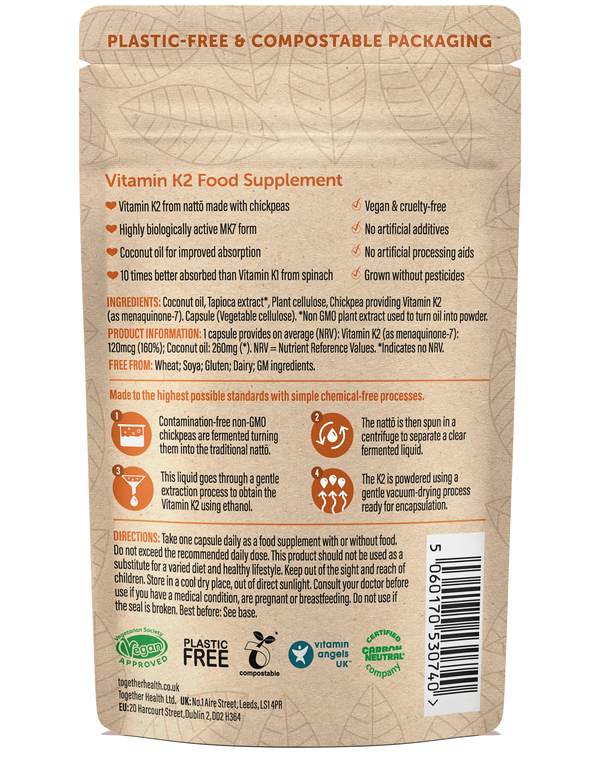 Rückseite der Together Health Vitamin K2 Verpackung mit Inhaltsstoffen und Nährwertangaben